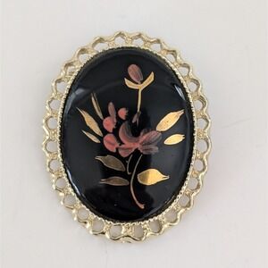 Vintage Black Oval Gold Tone Pendant Pin Pink Flowers Leaves Brooch Gift For Her